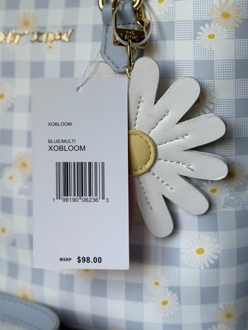 Betsey Johnson Blue Gingham Plaid Daisy Charm Scalloped Edge XOBLOOM Tote Bag - Picture 7 of 11